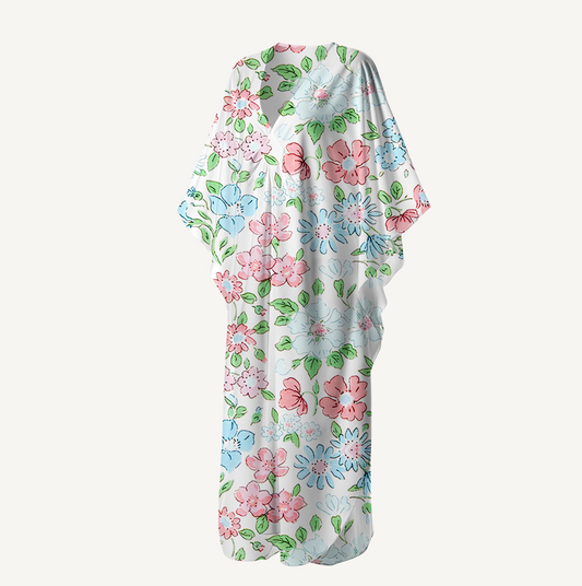 V‑Neck Pastel Cottage Floral Kimono Sleeve Kaftan Dress