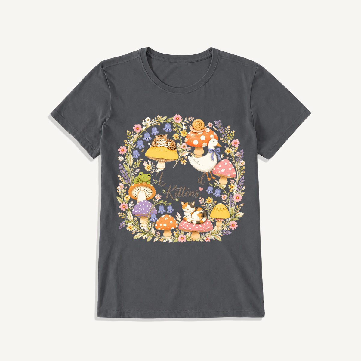Botanical Kittens Mushroom Wreath Print Crew Neck Cotton Tee