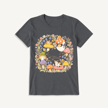 Botanical Kittens Mushroom Wreath Print Crew Neck Cotton Tee