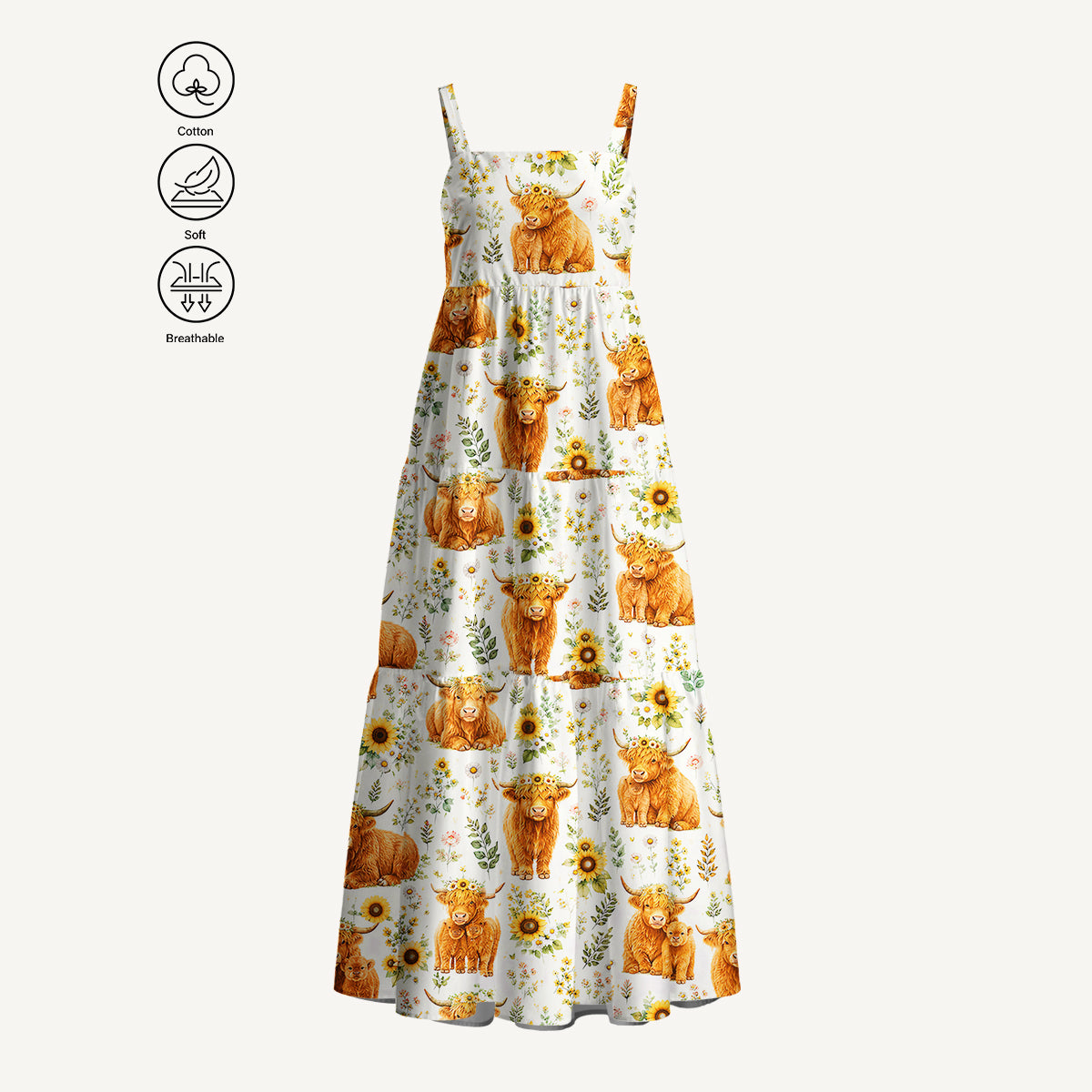 Spring Highland Cow Floral Print Cotton Wide Straps Maxi Dress With Pockets