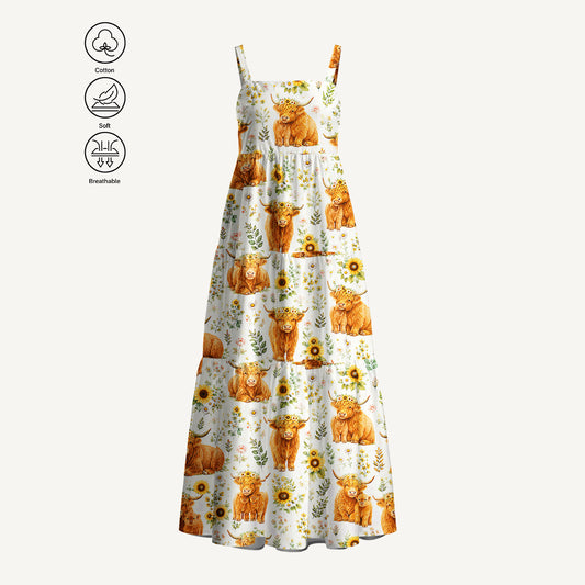 Spring Highland Cow Floral Print Cotton Wide Straps Maxi Dress With Pockets