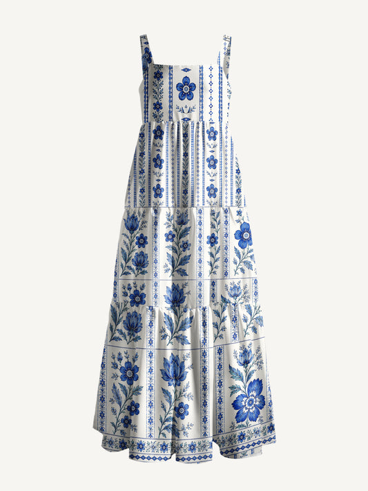 Indigo Garden Stripe Print Wide Straps Maxi Dress With Pockets