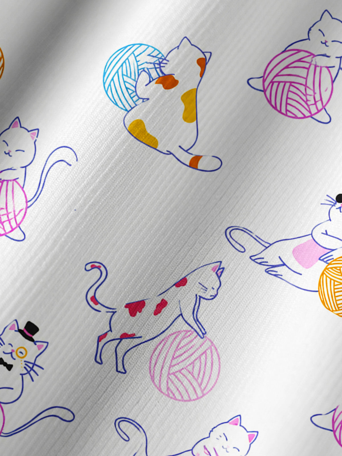 Color Yarn Garden Cat Print Boho Long Sleeve Tie‑Neck Blouse