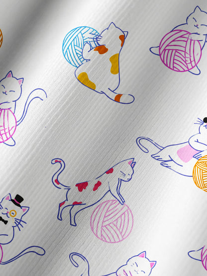 Color Yarn Garden Cat Print Boho Long Sleeve Tie‑Neck Blouse