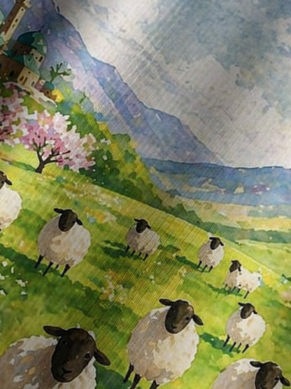 Spring Meadow Sheep and Blossoms Landscape Print Boho Long Sleeve Tie‑Neck Blouse