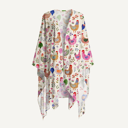 Colorful Farm Chickens Print Kimono Wrap