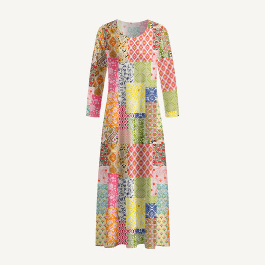 Colorful Bohemian Patchwork Print Soft-Touch Stretch Knit Long Sleeve Maxi Dress with Pockets