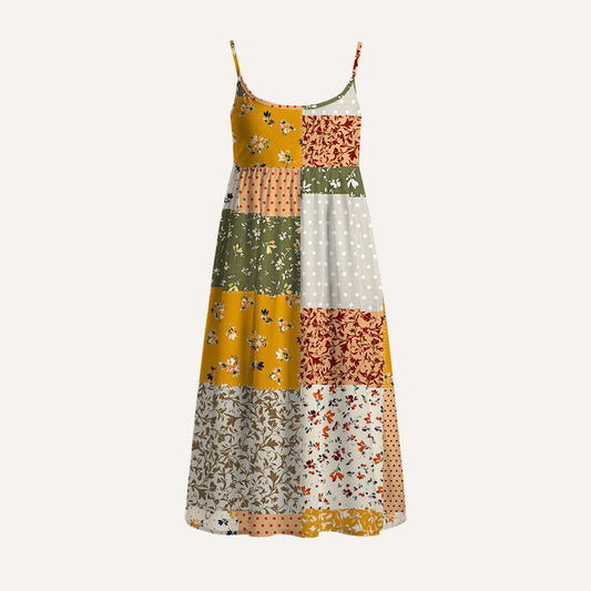 Rustic Floral Patchwork Print Spaghetti Strap Mini Dress