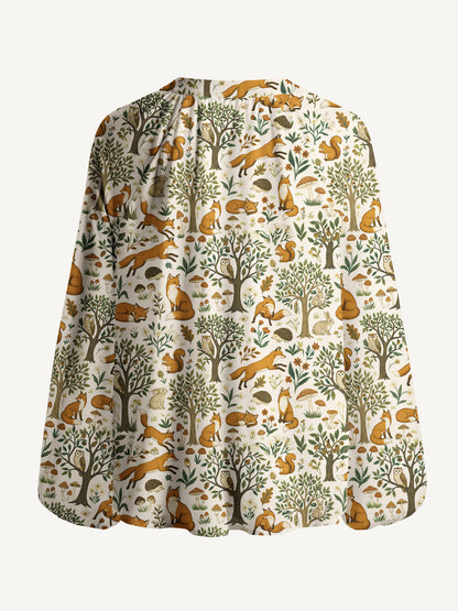 Woodland Creatures Print Boho Long Sleeve Tie‑Neck Blouse