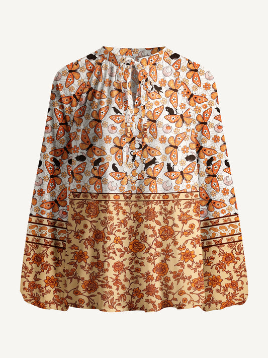Whispering Wings Halloween Print Boho Long Sleeve Tie‑Neck Blouse