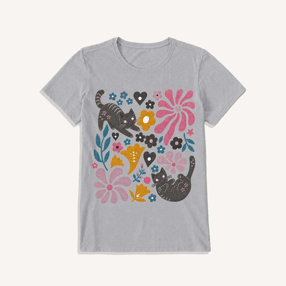 Floral Kitty Days Print Crew Neck Cotton Tee