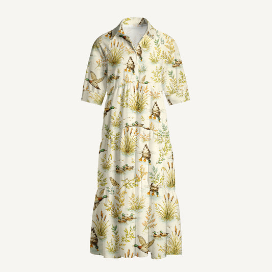 V Neck Collared Duck Hunting Marsh Print Casual Midi Dress With Pockets