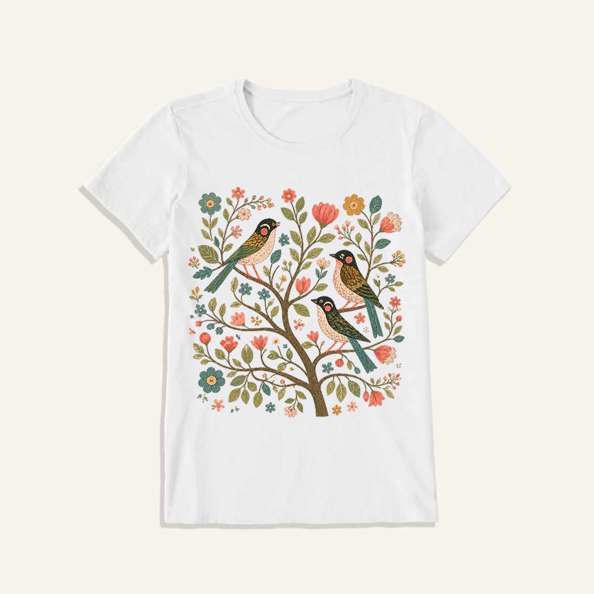 Blossom Bird Serenity Print Crew Neck Cotton Tee