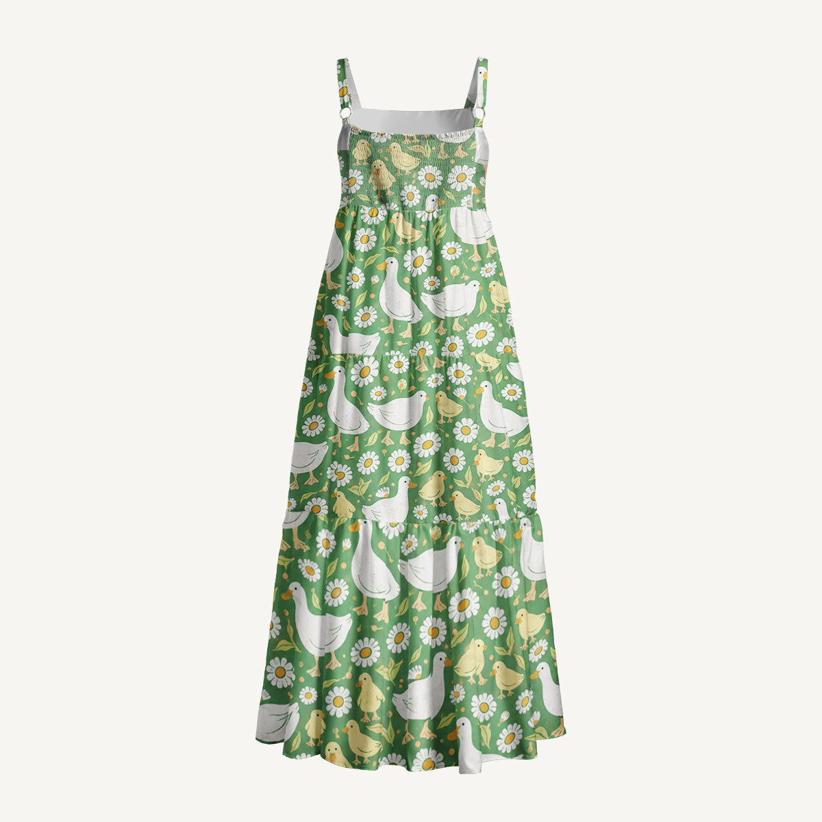 Cottage Farm Ducks Print Wide Straps Maxi Dress With Pockets
