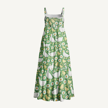 Cottage Farm Ducks Print Wide Straps Maxi Dress With Pockets
