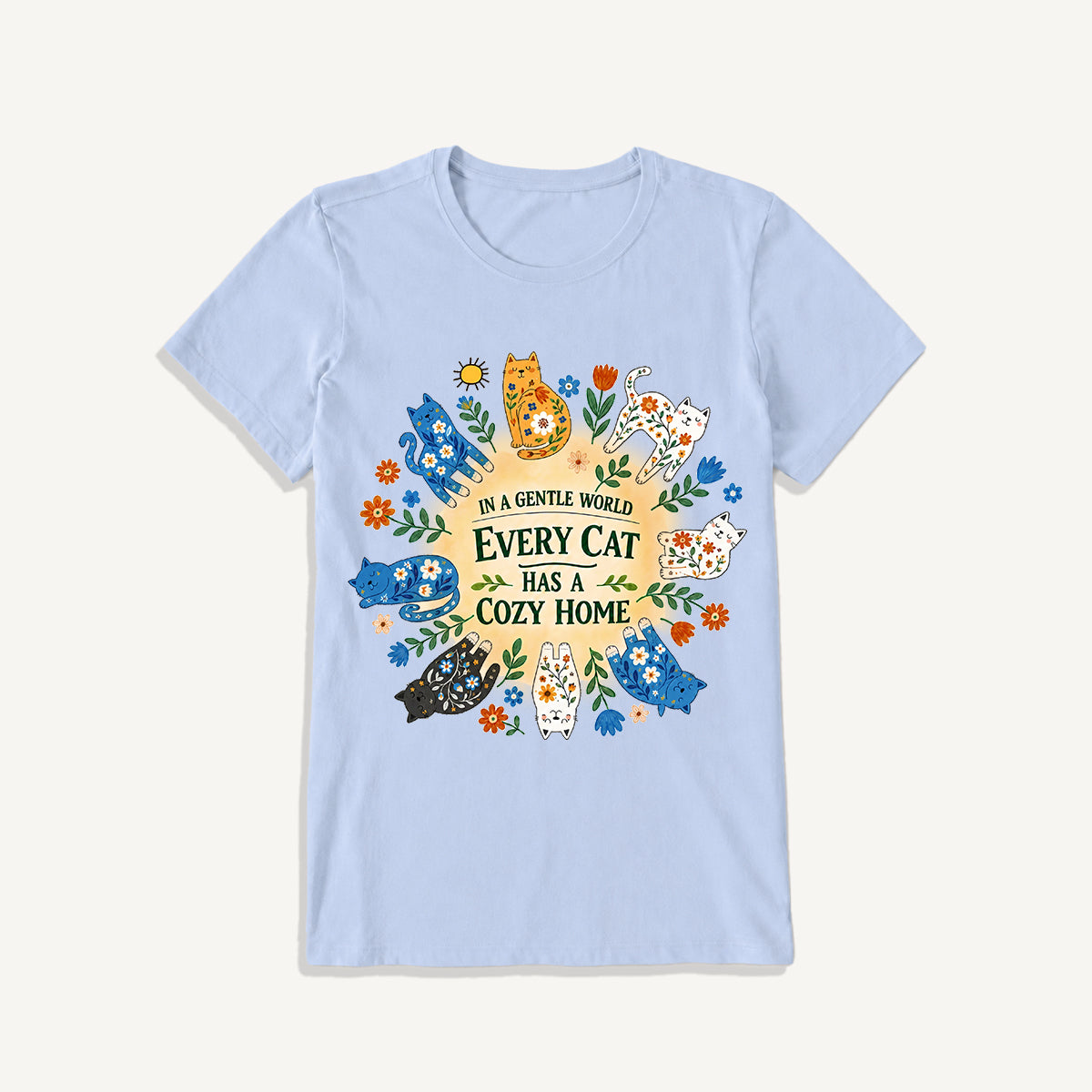 Floral Cats Cozy Home Print Crew Neck Cotton Tee
