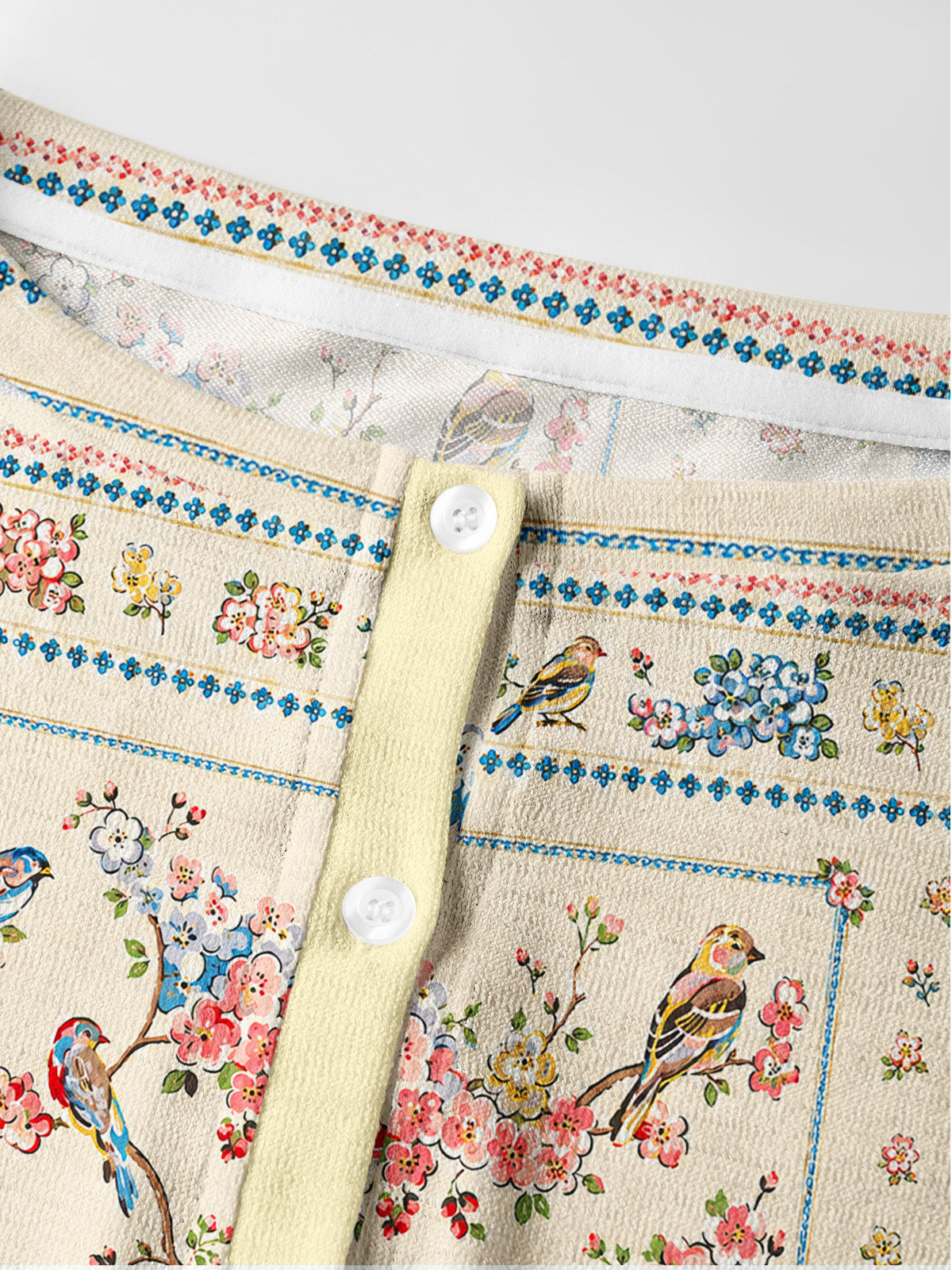 Lightweight Crew Neck Long‑Sleeve Cropped Vintage Floral Songbirds Print Fine‑Knit Cardigan