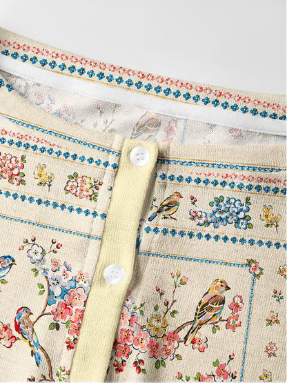 Lightweight Crew Neck Long‑Sleeve Cropped Vintage Floral Songbirds Print Fine‑Knit Cardigan