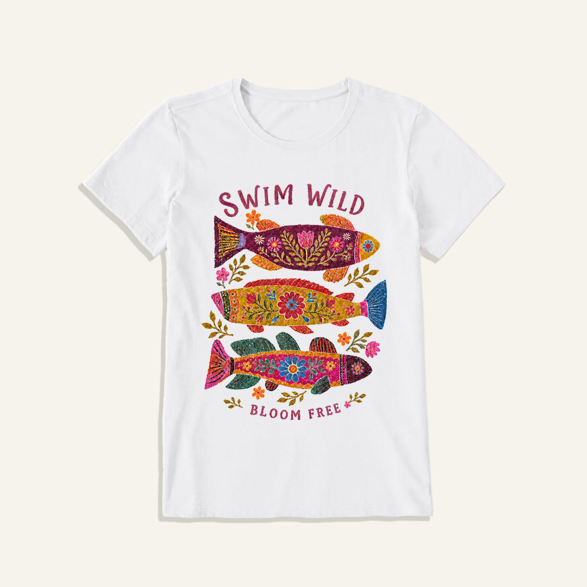 Folk Floral Fish Print Crew Neck Cotton Tee