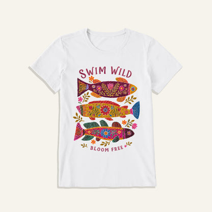 Folk Floral Fish Print Crew Neck Cotton Tee