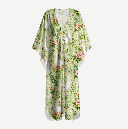 Pastoral Goose Garden Print Kimono Sleeve Kaftan Dress