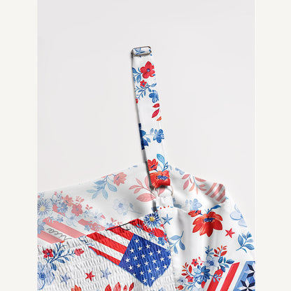 Americana Flower Hearts  Print Wide Straps Maxi Dress With Pockets