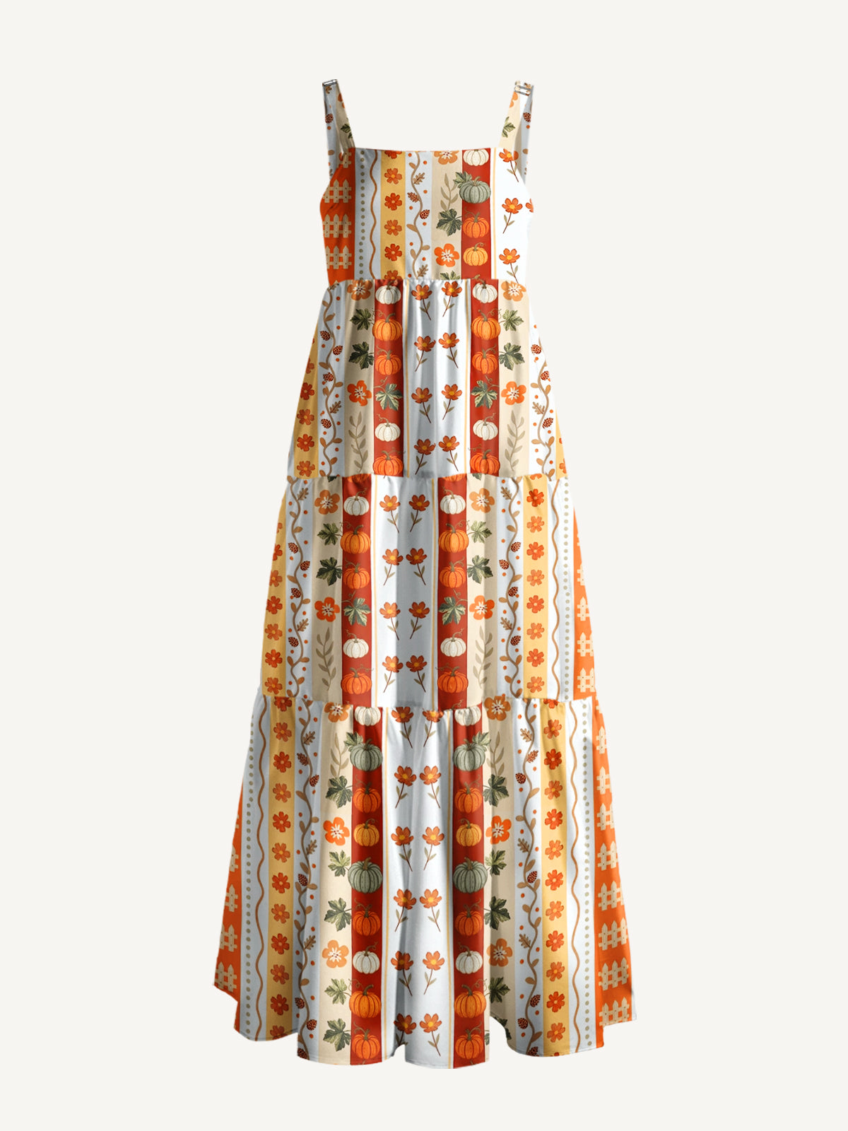 Autumn Pumpkin Patch Stripe Print Wide Straps Maxi Dress With Pockets