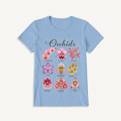 Vintage Orchid Botanical Illustration Print Crew Neck Cotton Tee