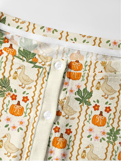 Lightweight Crew Neck Long‑Sleeve Cropped Harvest Goose & Pumpkin Print Fine‑Knit Cardigan