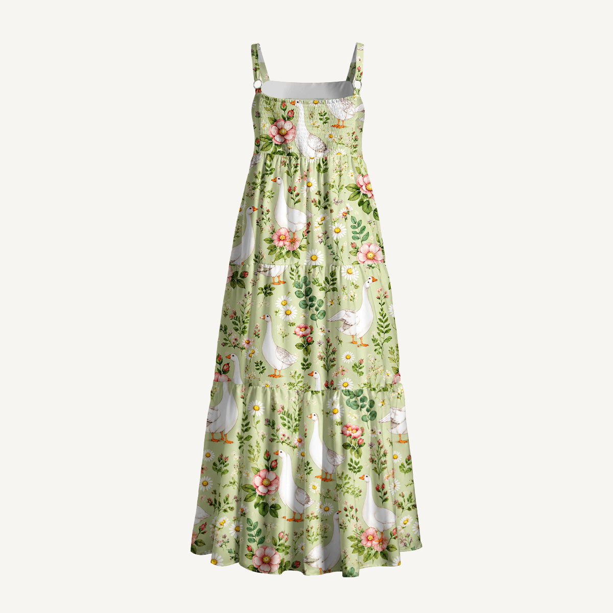Pastoral Goose Garden Print Wide Straps Maxi Dress With Pockets