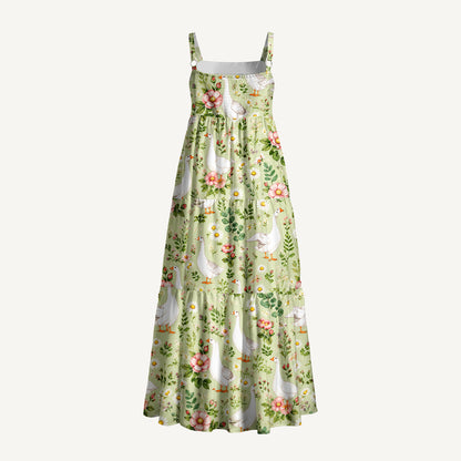 Pastoral Goose Garden Print Wide Straps Maxi Dress With Pockets