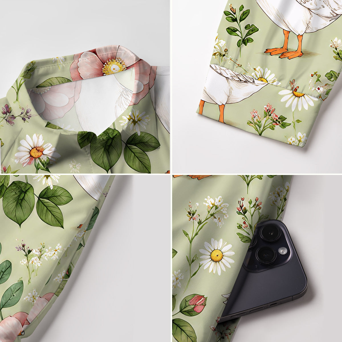 V Neck Collared Pastoral Goose Garden Mini Dress For Women With Pockets