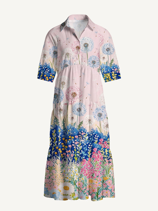 V Neck Collared Moonlit Dandelion Garden Print Casual Midi Dress With Pockets