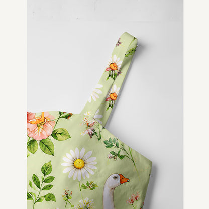Pastoral Goose Garden Print Cotton Wide Straps Maxi Dress With Pockets
