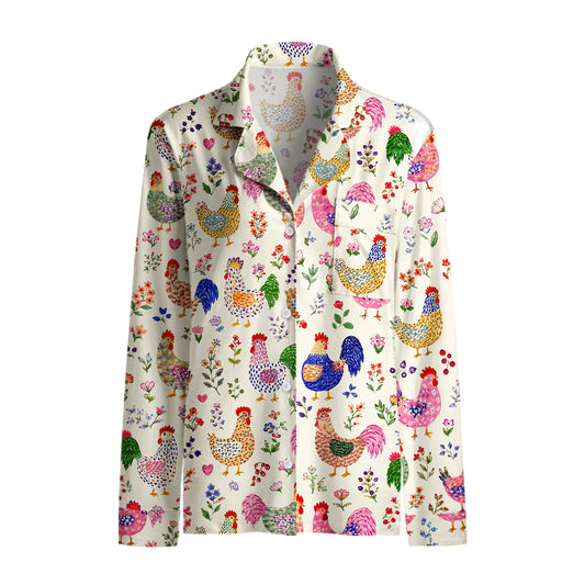 Colorful Farm Chickens Print Long Pajama Set