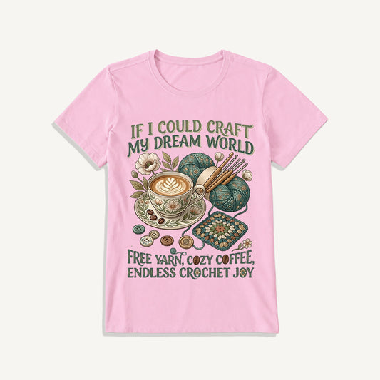 Cozy Coffee Crochet Dream Print Crew Neck Cotton Tee