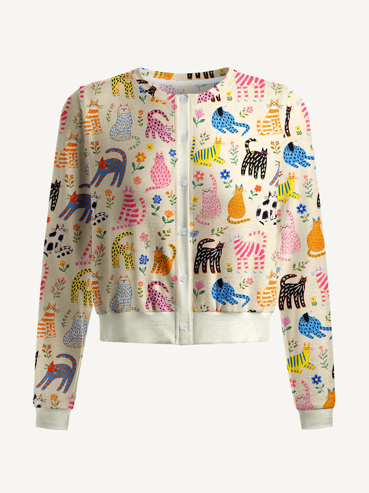 Lightweight Crew Neck Long‑Sleeve Cropped Colorful Whimsical Garden Cats Pattern Print Fine‑Knit Cardigan