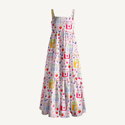 Strawberry Jam Print Wide Straps Maxi Dress With Pockets