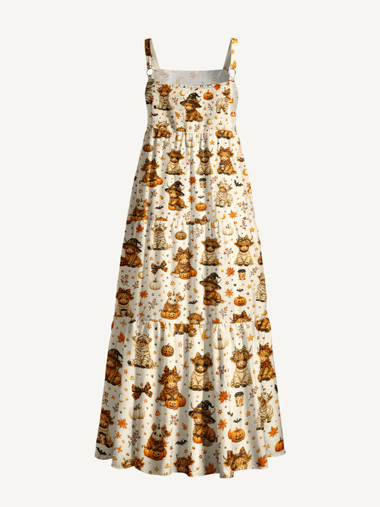 Spooky Highland Cows Print Wide Straps Maxi Dress With Pockets