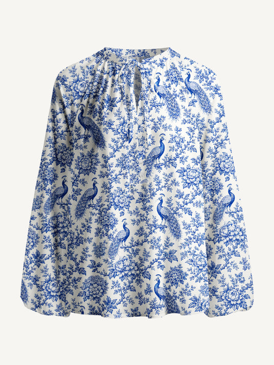 Blue Chinoiserie Peacock and Bloom Toile Print Boho Long Sleeve Tie‑Neck Blouse