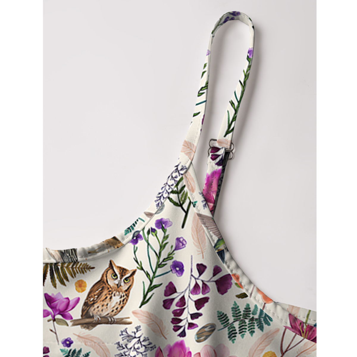 Whimsical Woodland Birds Wildflowers Print Spaghetti Strap Mini Dress