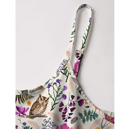 Whimsical Woodland Birds Wildflowers Print Spaghetti Strap Mini Dress