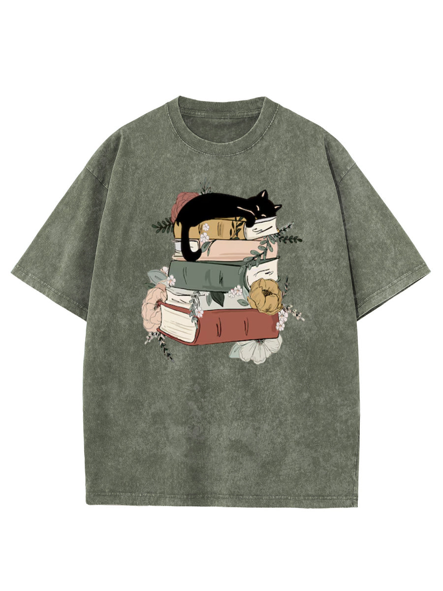 Vintage Cat Book Washed T-Shirt
