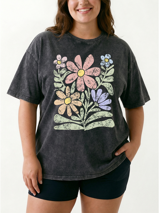 Vintage Gorgeous Abstract Flowers Washed T-Shirt