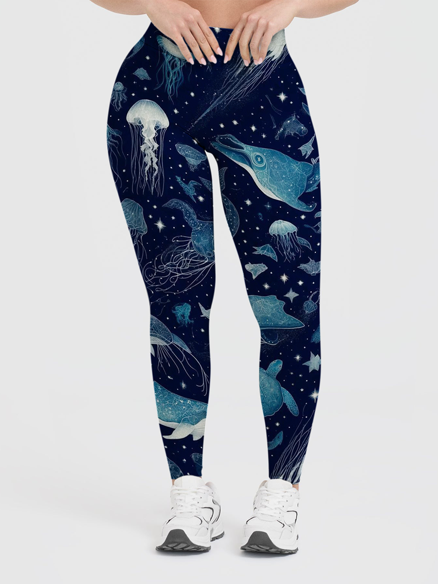 Vintage Celestial Ocean Creatures Line Art Dinosaur Leggings