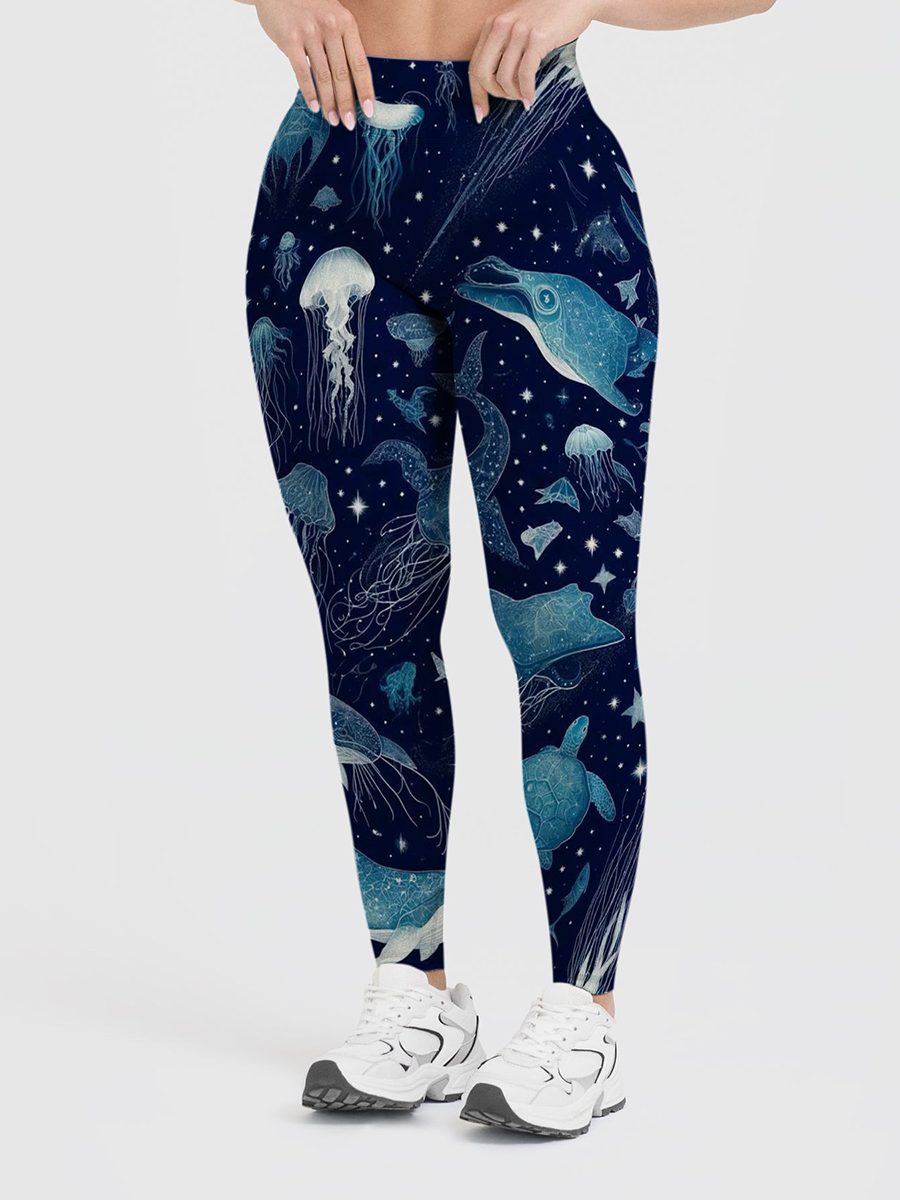 Vintage Celestial Ocean Creatures Line Art Dinosaur Leggings