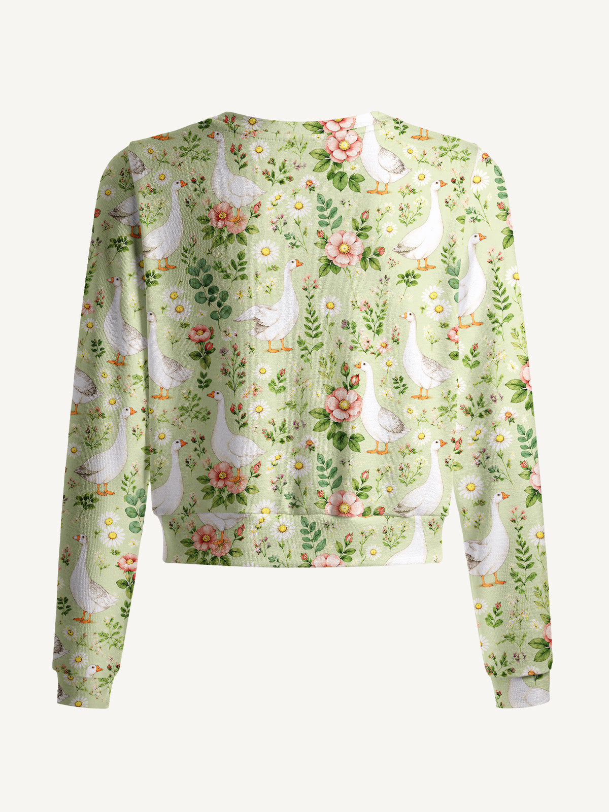 Lightweight Crew Neck Long‑Sleeve Cropped Pastoral Goose Garden Print Fine‑Knit Cardigan