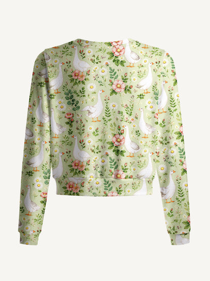 Lightweight Crew Neck Long‑Sleeve Cropped Pastoral Goose Garden Print Fine‑Knit Cardigan