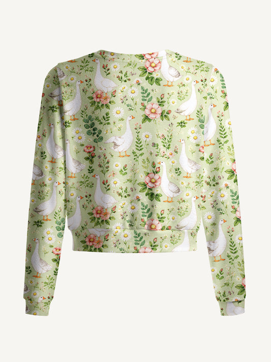 Lightweight Crew Neck Long‑Sleeve Cropped Pastoral Goose Garden Print Fine‑Knit Cardigan