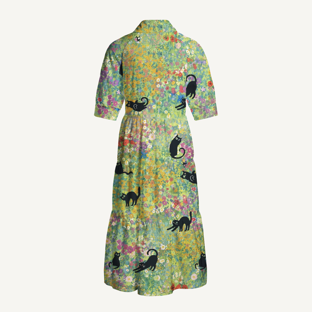Wildflower Garden Black Cat Midi Dress For Women With Pockets